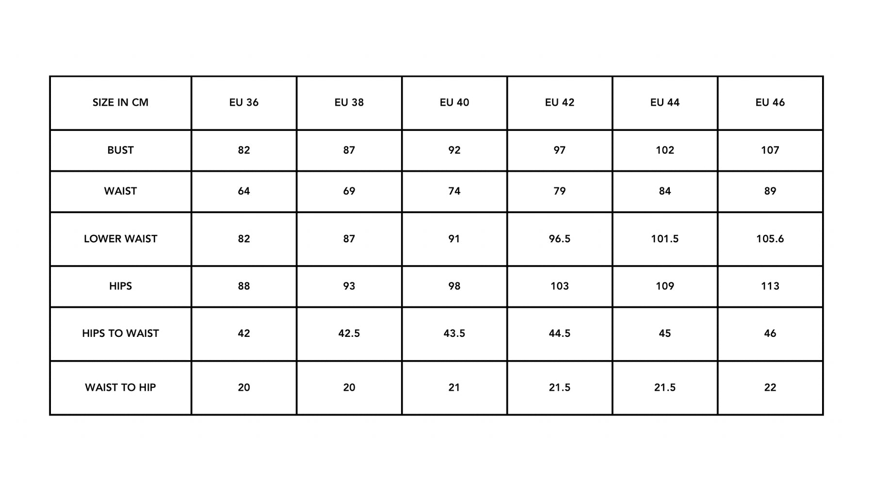 Sizes in centimetres
